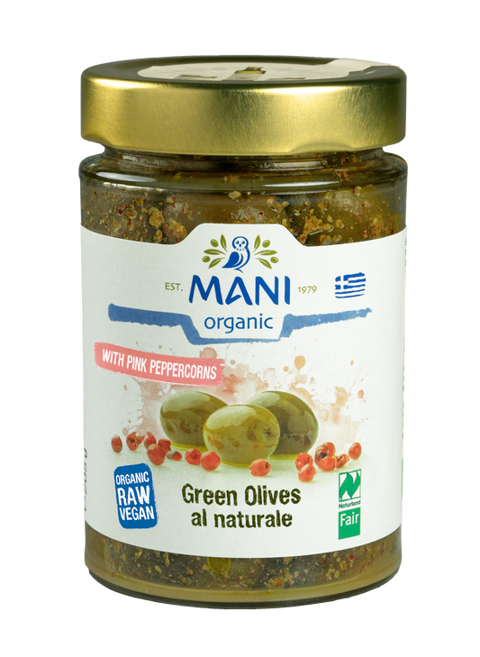 Organic Green Olives al Naturale with Pink Peppercorns